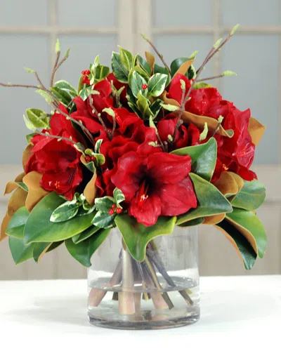 Winward Home Amaryllis & Magnolia Leaf In Glass Vase In Red