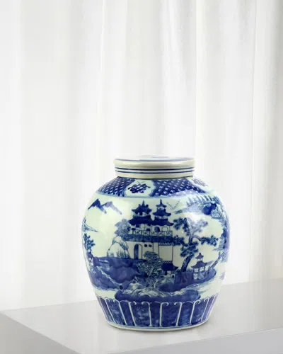 Winward Home Ceramic Toile De Jouy Jar In Blue