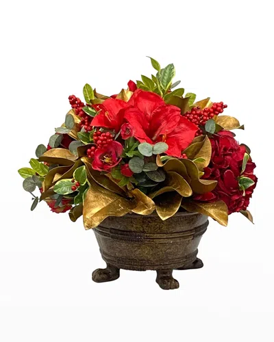 Winward Home Faux Amaryllis Camellia Floral Arrangement In Planter In Red/green