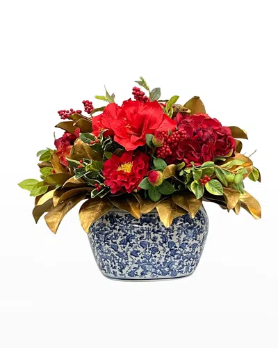 Winward Home Faux Amaryllis Holly Floral Arrangement In Planter In Blue