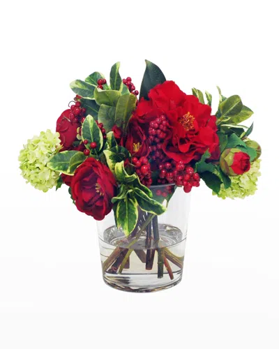 Winward Home Faux Camellia Floral Arrangement In Glass Vase In Red/green