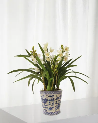 Winward Home Faux Cymbidium Orchids W/ Pot In Green/white