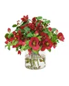 Winward Home Faux Hellebores Rose Floral Arrangement In Glass Vase In Red