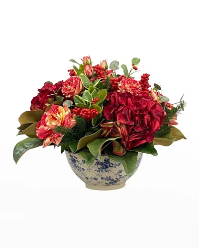 Winward Home Faux Rose Berry Floral Arrangement In Bowl In White
