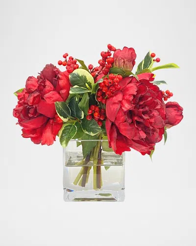 Winward Home Holiday Newness Cube Vase Faux Peony Arrangement In Red