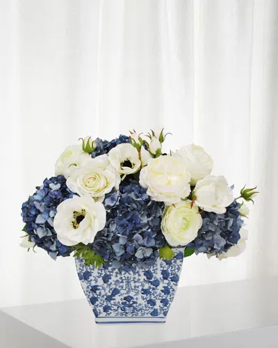 Winward Home Hydrangea Rose In Rectangle Cache Pot In Blue