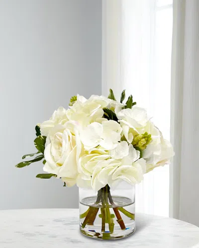 Winward Home Hydrangeas & Roses 9" Faux Floral Arrangement In Glass Vase In White
