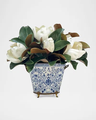 Winward Home Magnolia 18" Faux Floral Arrangement In Porcelain Planter In Blue