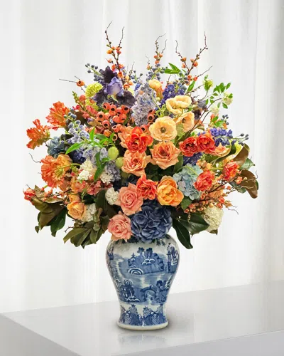 Winward Home Mixed 50" Faux Floral Arrangement In Porcelain Urn In Blue/orange
