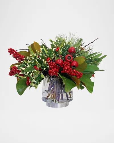 Winward Home Pine Berry 16" Faux Floral Arrangement In Glass Container In Multi