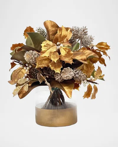 Winward Home Pine Holly 12" Faux Floral Arrangement In Golden Cylinder