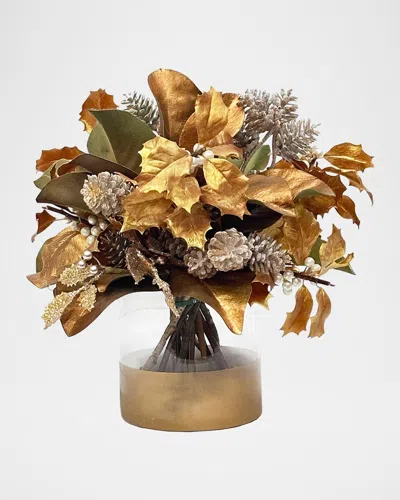 Winward Home Pine Holly 12" Faux Floral Arrangement In Golden Cylinder In Multi