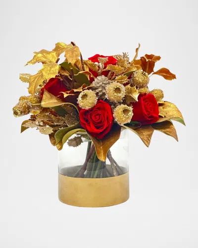 Winward Home Roses & Golden Pods 12" Faux Floral Arrangement In Glass Cylinder In Multi