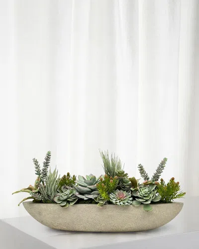Winward Home Succulent Faux Floral Arrangement In Boat, 28" In Greyish Green