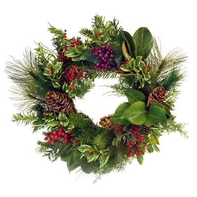 Winward Silks 24" Holly Pine Magnolia Wreath In Green;red