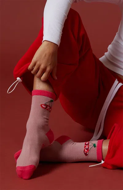 Wish Me Luck June Crew Socks In Pink In White