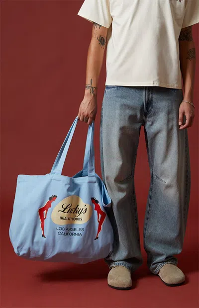 Wish Me Luck Lucky Quality Goods Tote Bag In Blue