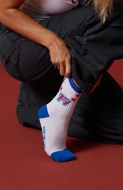 Wish Me Luck Overlay Crew Socks In White In Multi