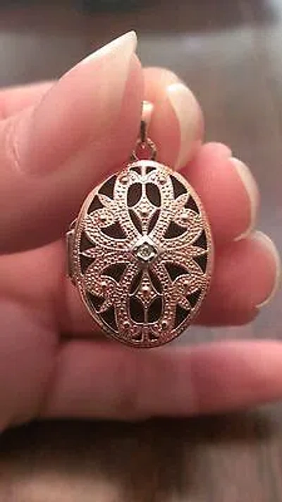 Pre-owned Wishing For Claudia 14k Rose Gold Antique-style Textured Locket With Diamond - 1" Inch Length