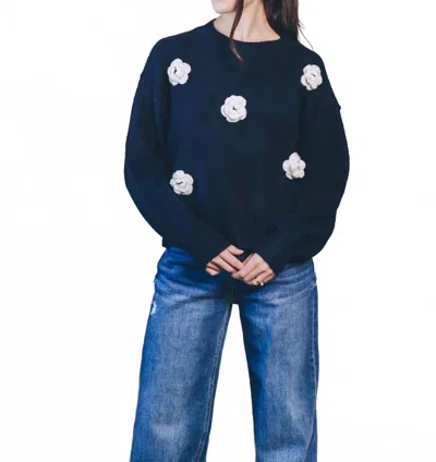 Wishlist 3d Flower Knit Sweater In Navy/cream - Hoc Winter In Blue