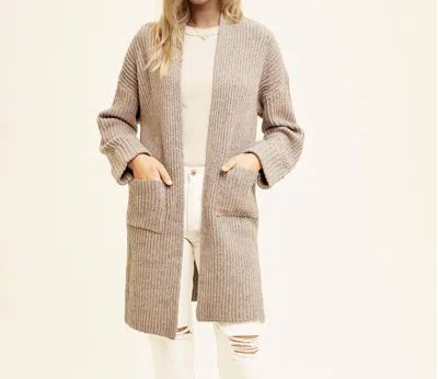 Wishlist Brushed Ribbed Knit Long Cardigan In Taupe In Brown