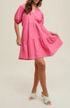 Wishlist Button Front Tiered Dress In Pink