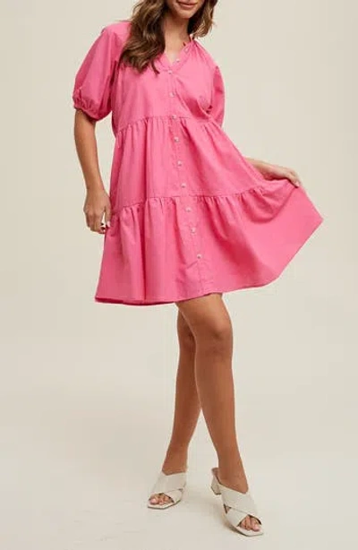 Wishlist Button Front Tiered Dress In Red