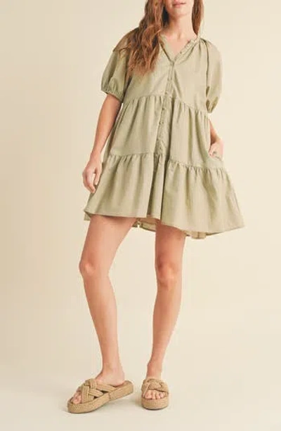 Wishlist Button Front Tiered Dress In Green