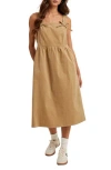 Wishlist Corduroy Bow Strap Overalls Midi Dress In Brown