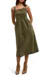 Wishlist Corduroy Bow Strap Overalls Midi Dress In Green