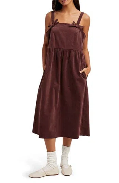 Wishlist Corduroy Bow Strap Overalls Midi Dress In Brown
