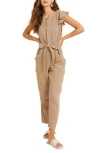 Wishlist Cotton Flutter Sleeve Jumpsuit In Taupe