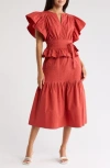 Wishlist Cotton Flutter Sleeve Midi Dress In Tandori Spice