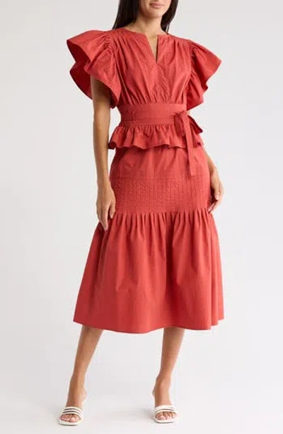 Wishlist Cotton Flutter Sleeve Midi Dress In Tandori Spice