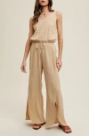 Wishlist Cotton Gauze Slit Wide Leg Jumpsuit In Neutral