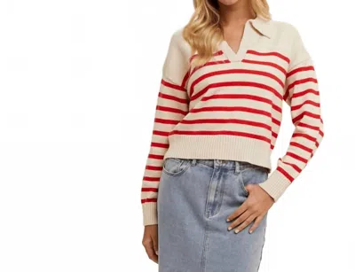 Wishlist Cropped Collared Sweater In Striped Red And Cream In Multi