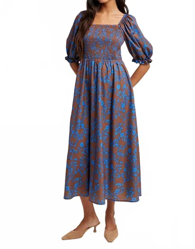 Wishlist Fallon Floral Midi Dress In Tan & Bright Blue