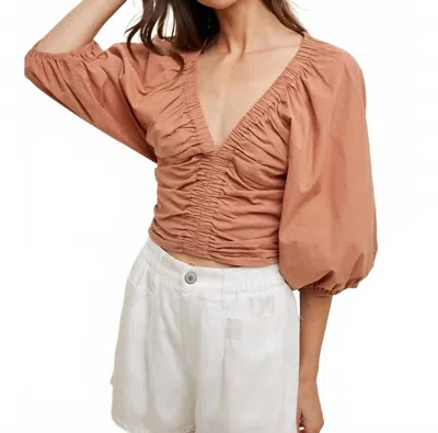 Wishlist Feeling Ruched Cotton Crop Blouse In Terracotta In Brown