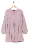 Wishlist Floral Button Front Long Sleeve Tiered Minidress In Lavender Print