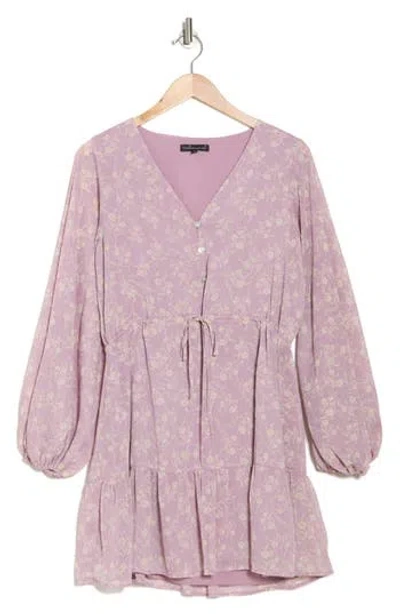 Wishlist Floral Button Front Long Sleeve Tiered Minidress In Lavender Print