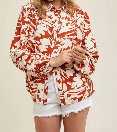 Wishlist Floral Button Up Blouse In Rust Brown