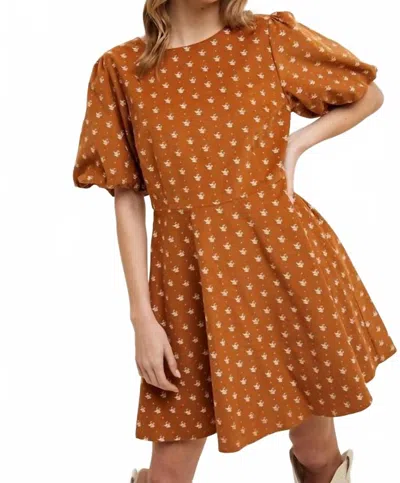 Wishlist Floral Corduroy Puff Sleeve Mini Dress In Camel In Brown