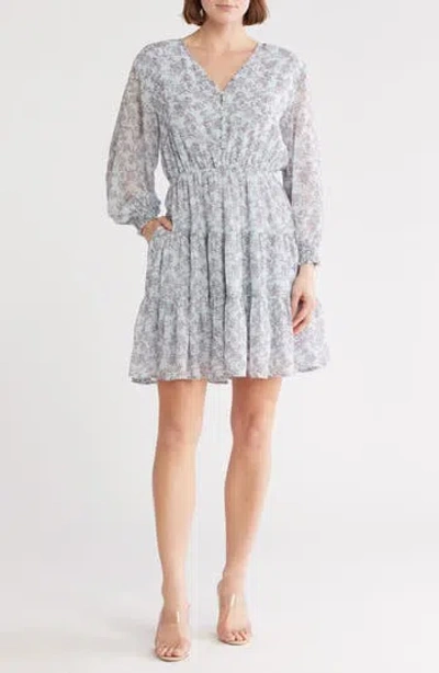 Wishlist Floral Long Sleeve Tiered Minidress In Light Blue Combo