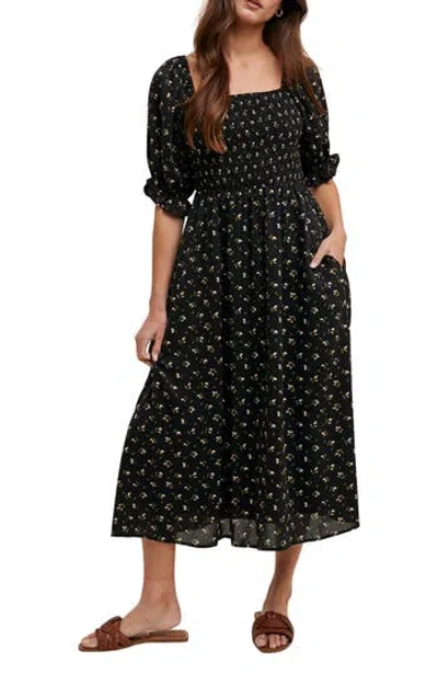 Wishlist Floral Print Puff Sleeve Midi Dress In Black