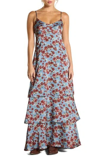 Wishlist Floral Print Tiered Maxi Dress In Blue/brown