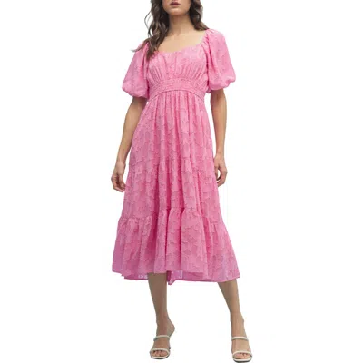 Wishlist Floral Puff Sleeve Tiered Midi Dress In Pink