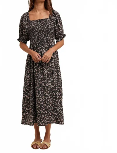 Wishlist Floral Smocked Puff Sleeve Midi Dress In Black In Multi