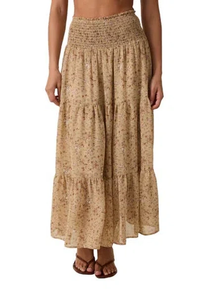 Wishlist Floral Smocked Waist Tiered Midi Skirt In Taupe Combo