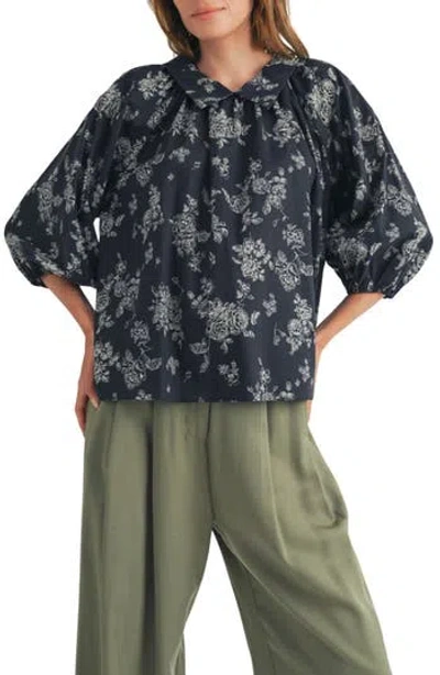 Wishlist Floral Three-quarter Sleeve Cotton Top In Blue