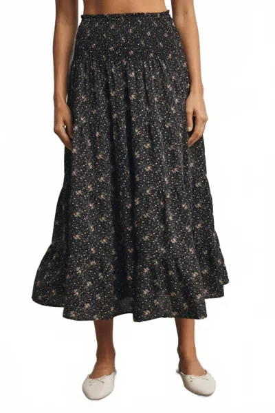 Wishlist Floral Tiered Front Slit Midi Skirt In Black/mocha